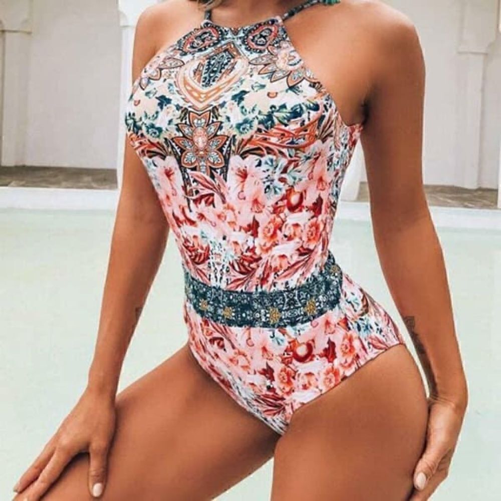 NEW! LIORA Brand Bohemian Print Floral Halter Style One Piece Swimsuit Beach